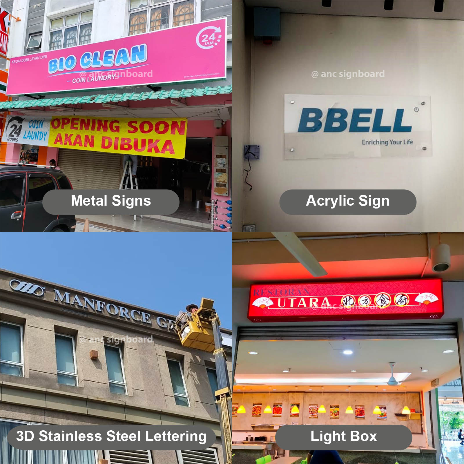 Metal Signs, Acrylic Signboard, Lighting Box & 3D Lettering Signage